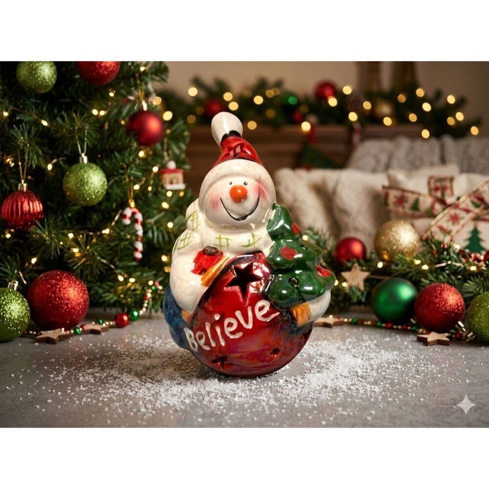 Cypress Home Ceramic Led "Believe" Snowman Tea Light Holder Lights Up W/Box
